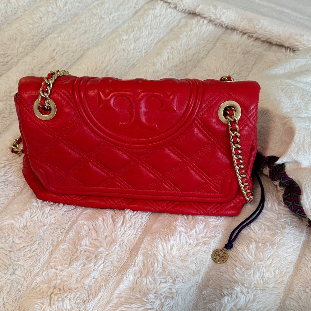 Tory Burch Red Quilted Shoulder Bag with Gold Chain